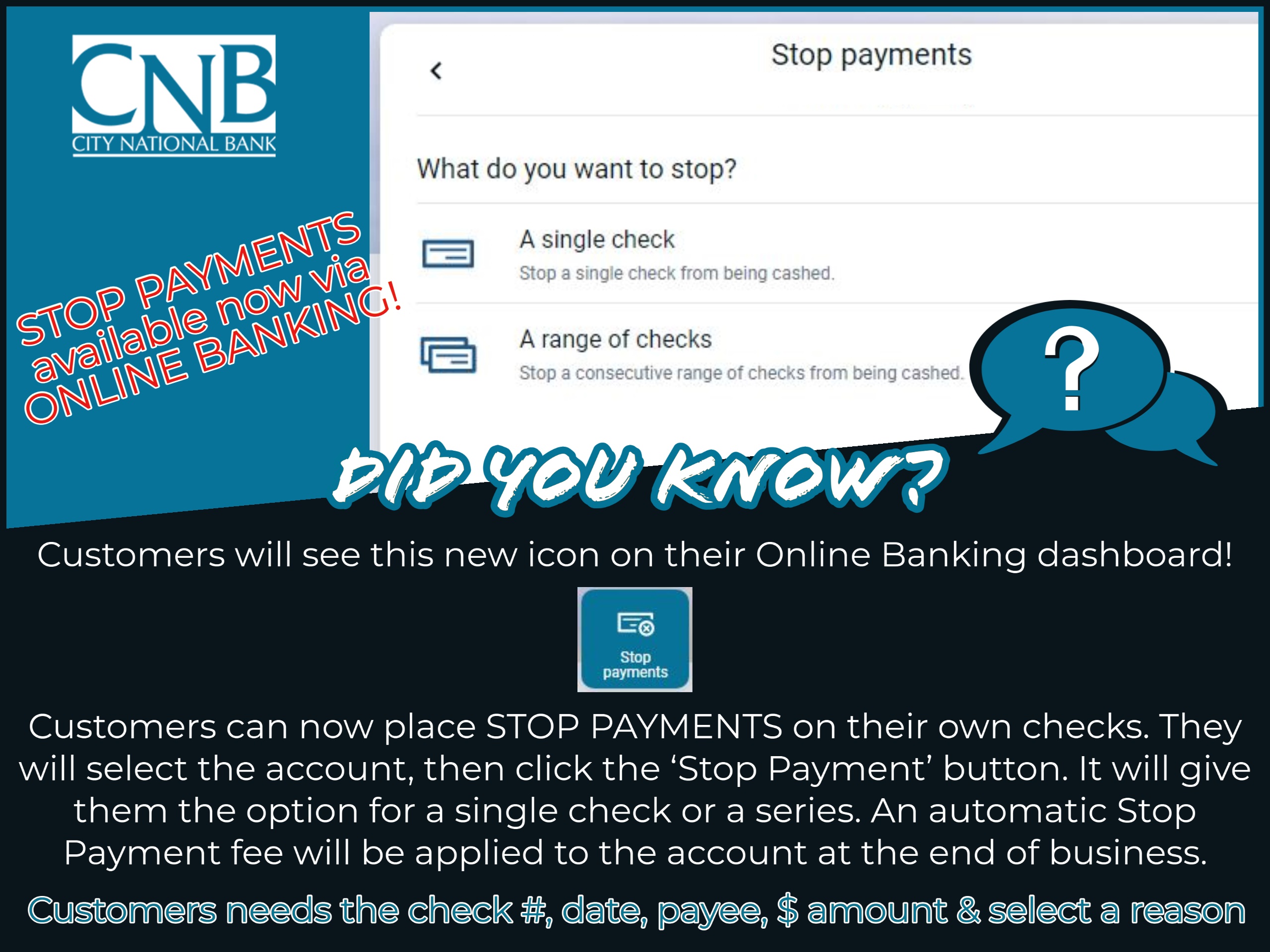 "did you know" graphic explaining stop payments being available online