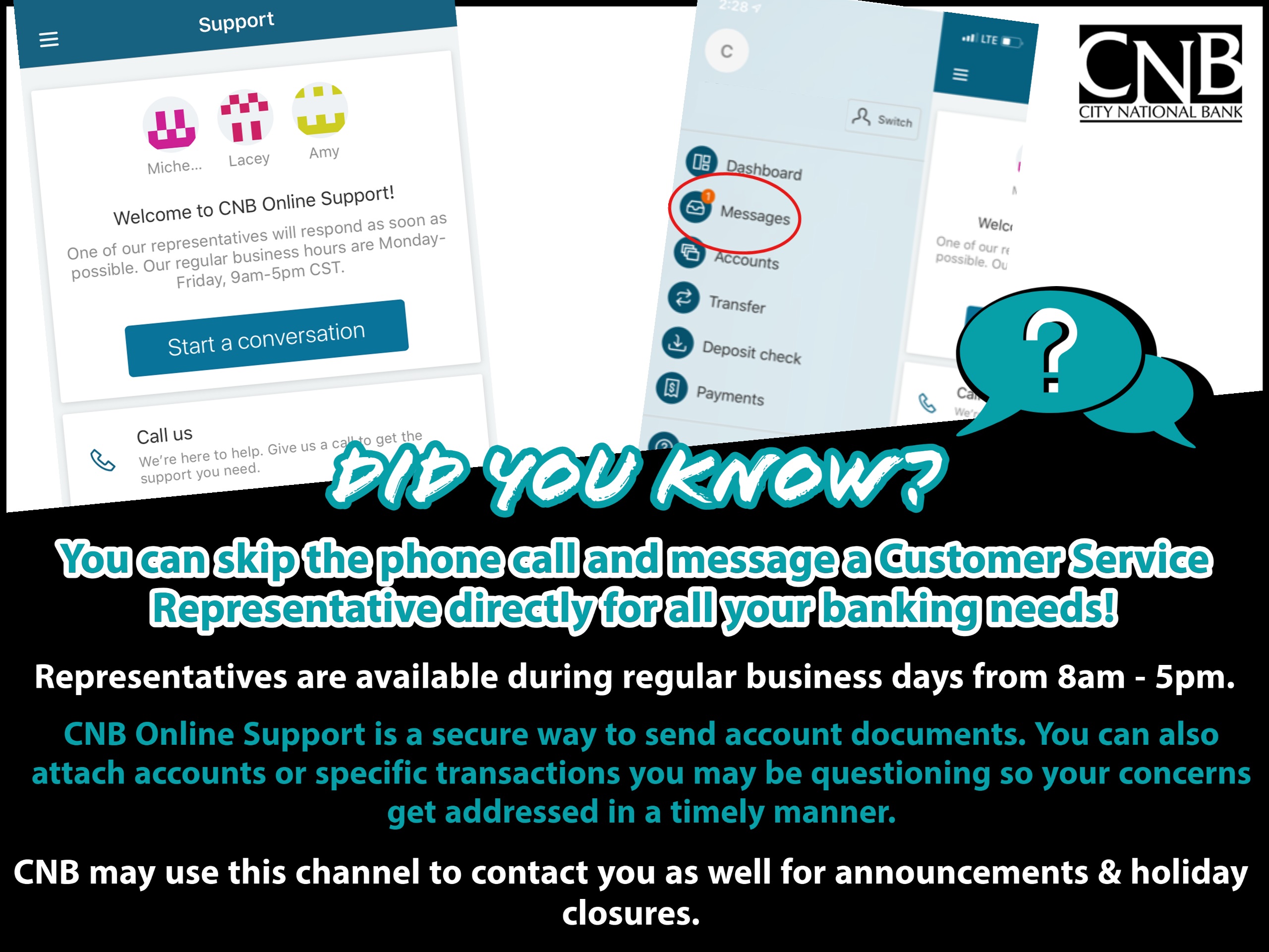 "did you know" graphic explaining CNB online support and conversations