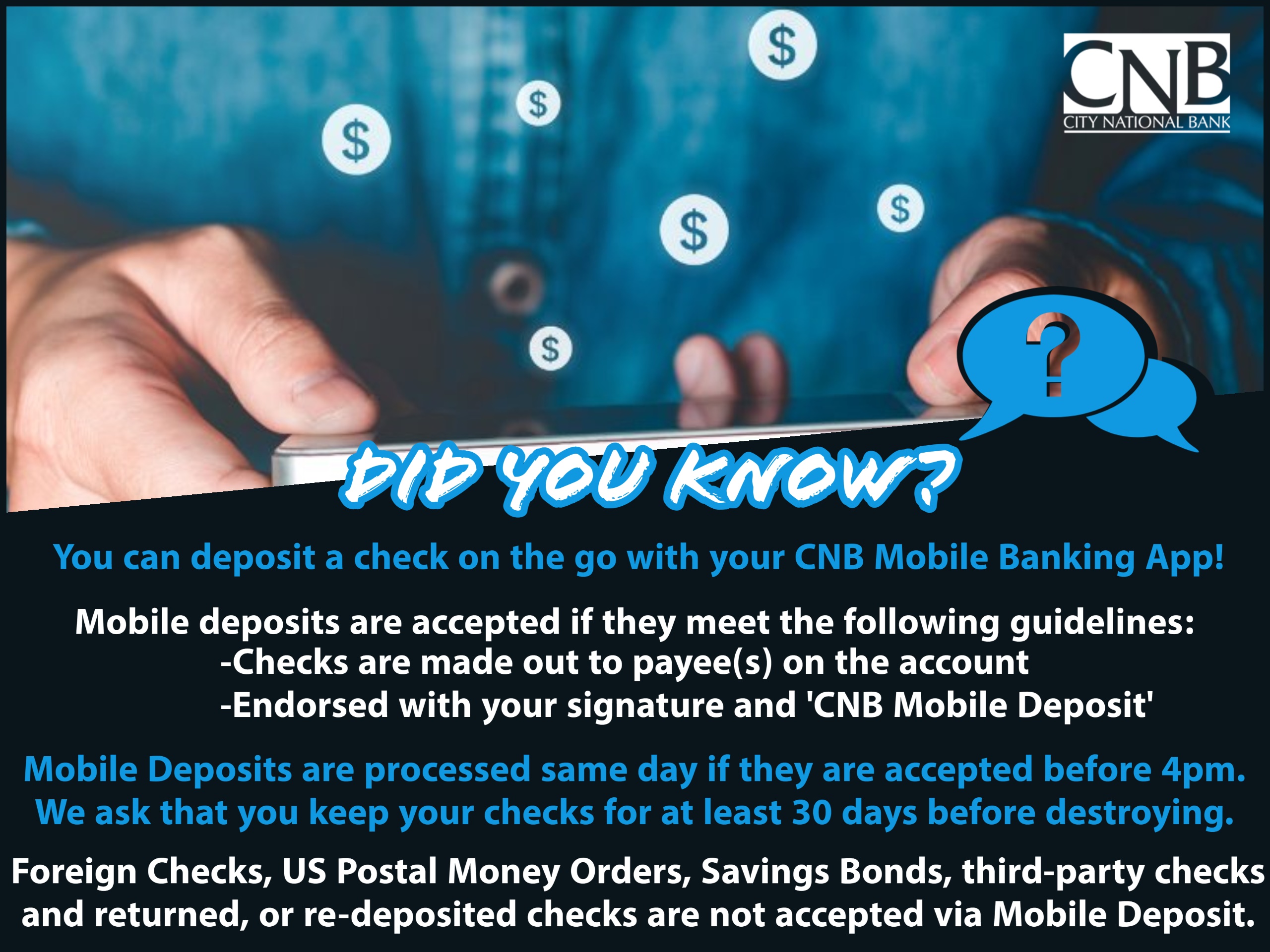 "Did you know" graphic explaining Mobile Deposit on the CNB mobile banking app